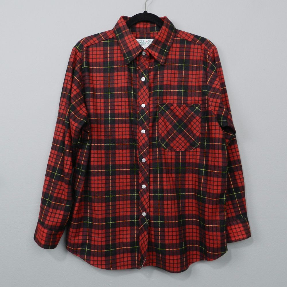 Vintage Haband Red Plaid Flannel Shirt Size L Grunge Western Fall Layering 90s